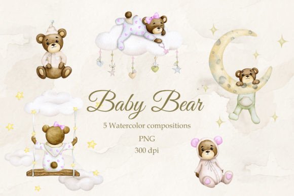 Baby Bear's Dreams Watercolor PNG Collection: Design Magic